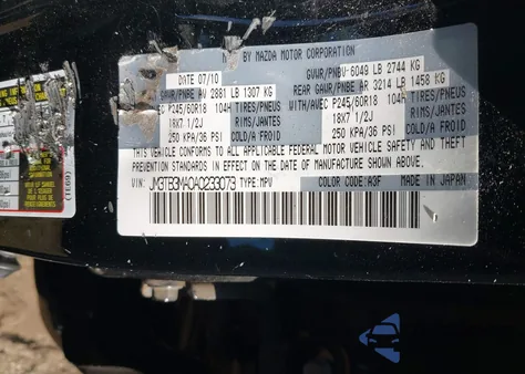 2010 Mazda Cx-9 Touring z USA, uszkodzony, nr VIN JM3TB3MA0A0233073